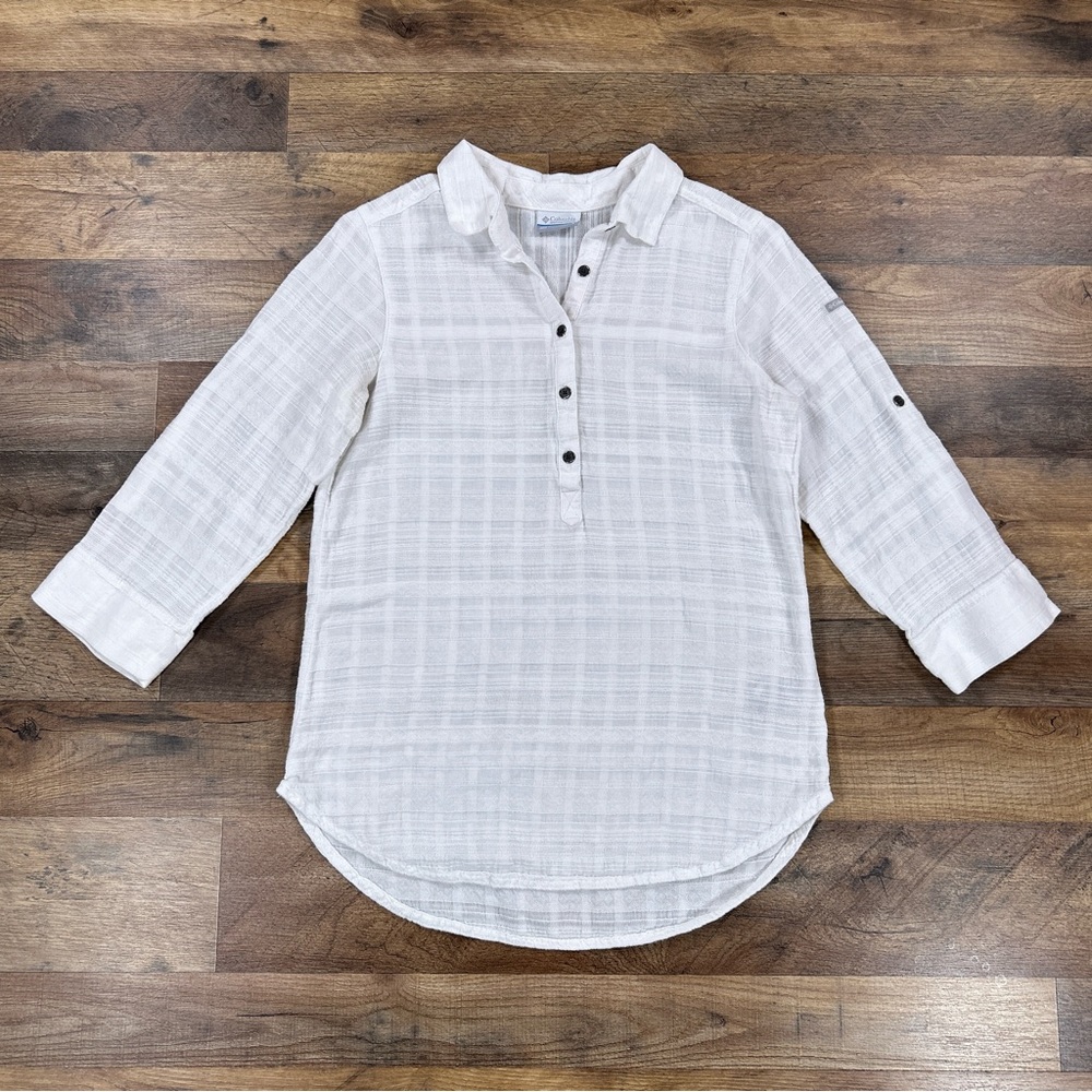 Columbia Womens Shirt Small White Collared 1/4 Button Roll Sleeve Semi Sheer Top